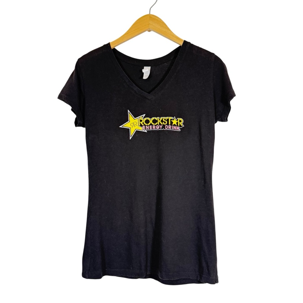 Rockstar Energy Womans Sz LG Black Graphic Print Short Sleeve T Shirt V Neck Y2K - Picture 3 of 9